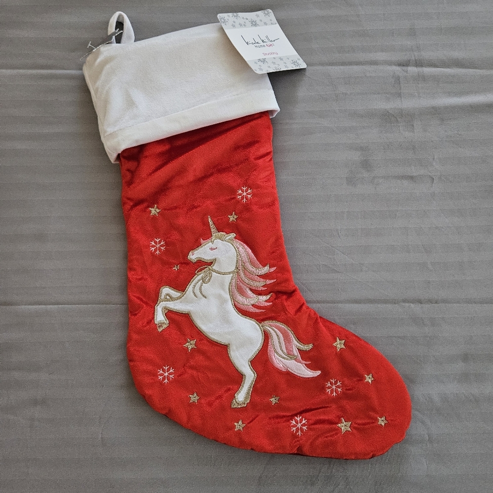 NEW Nicole Miller Red White Pink Gold Unicorn Stocking Embroidered Princess Snow